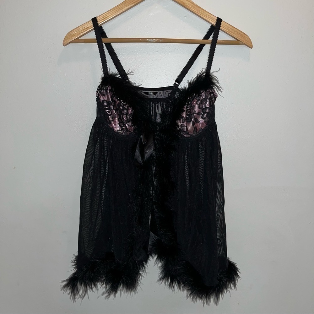 Boux Avenue Teddy Babydoll Lingerie with Feathers and Tie Front Size 8